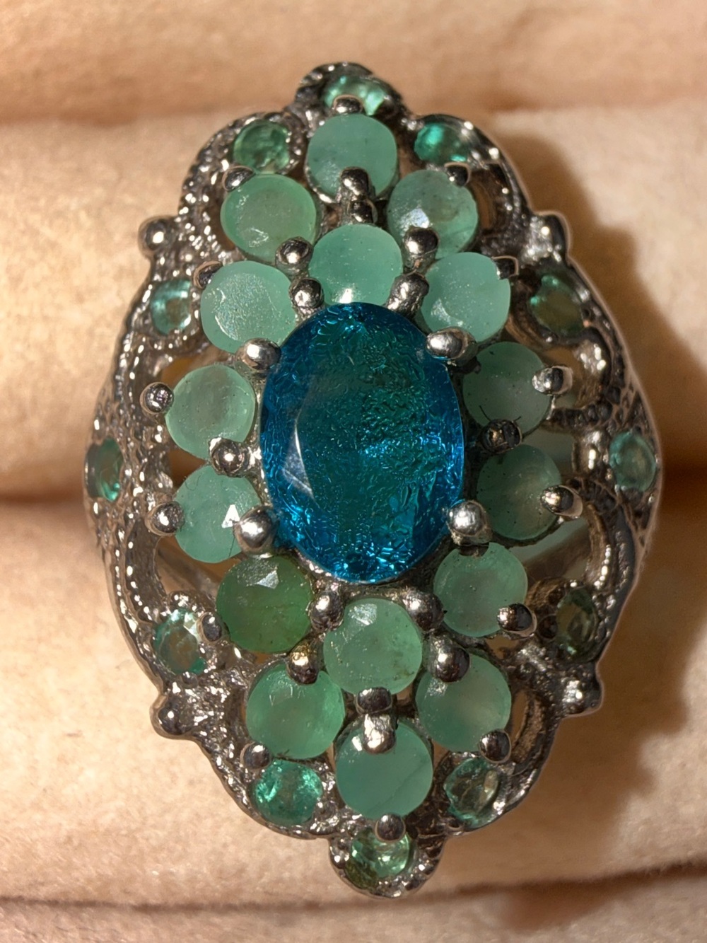 Ethiopian Blue Opal & Emerald vintage 
Ring 925 Silver 14K WG Sz8.5 - Picture 3 of 17